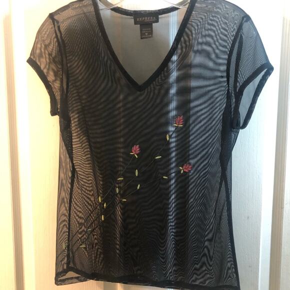 Vintage Express Sheer Floral black Embroidered Overlay Top M Y2K - Picture 8 of 9